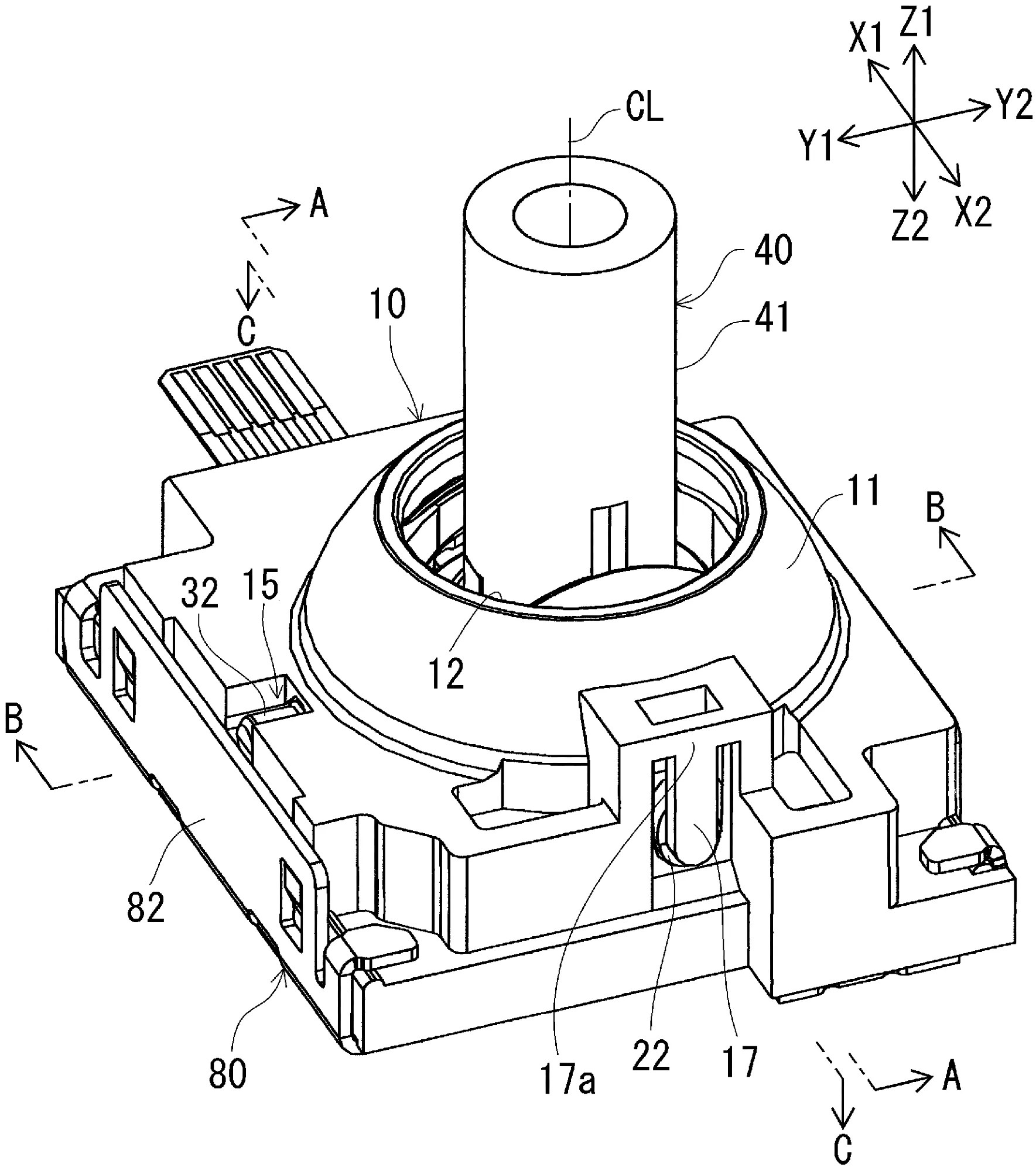 Drawing from patent WO 2026105175: [図1] 本発明の一実施形態に係る多方向入力装置の斜視図である。