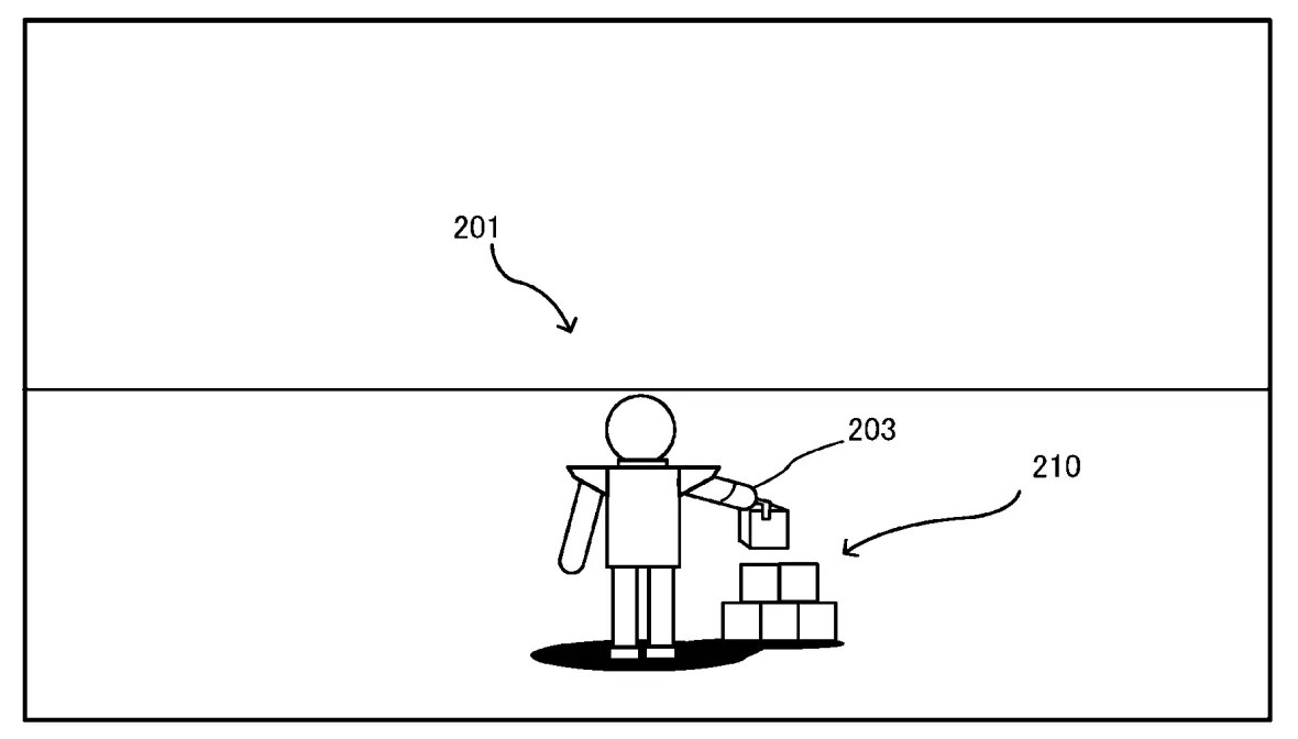 Drawing from patent US 20260145059: FIG. 11 shows a non-limiting example of a game screen in the first exemplary embodiment