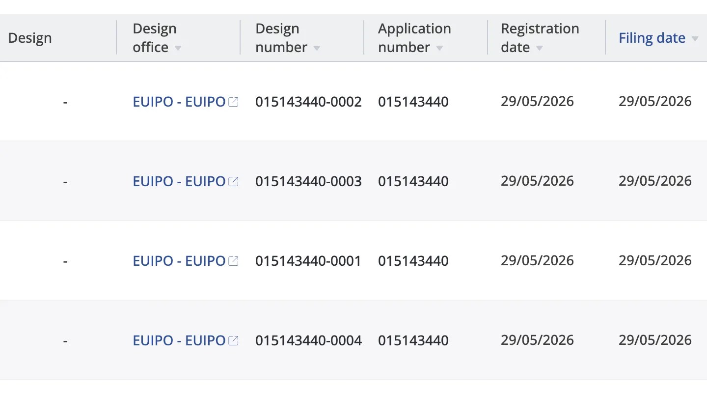Screenshot of DesignView search results, showing four deferred design registrations with no design drawings. Application number: 015143440 Design number: 015143440-001 to -004 Application date: 29/05/2026 Registration date: 29/05/2026 Organization name: Nintendo Co., Ltd.