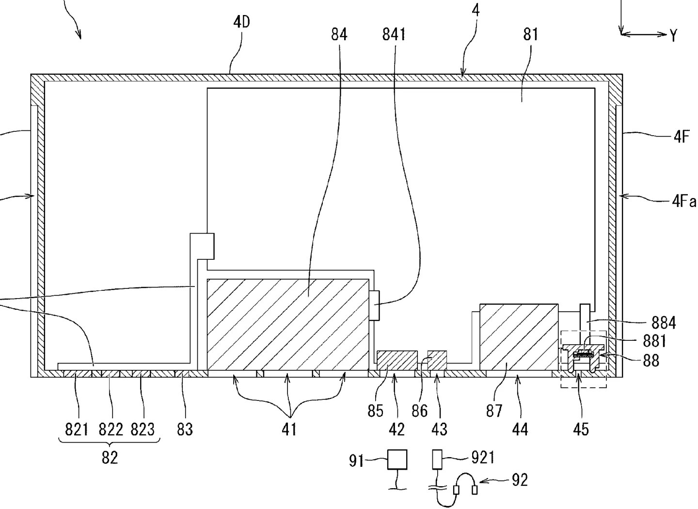 Drawing from patent application US US20260151693: As shown in FIG. 7, the housing 4 includes multiple components in the internal space, in addition to the display 5 described above. For example, the multiple components include the board 81, the operation buttons 82, the optical sensor 83, a fan 84, an internal connector 85, an audio terminal connector 86, a card slot 87, and a sound collector 88.
