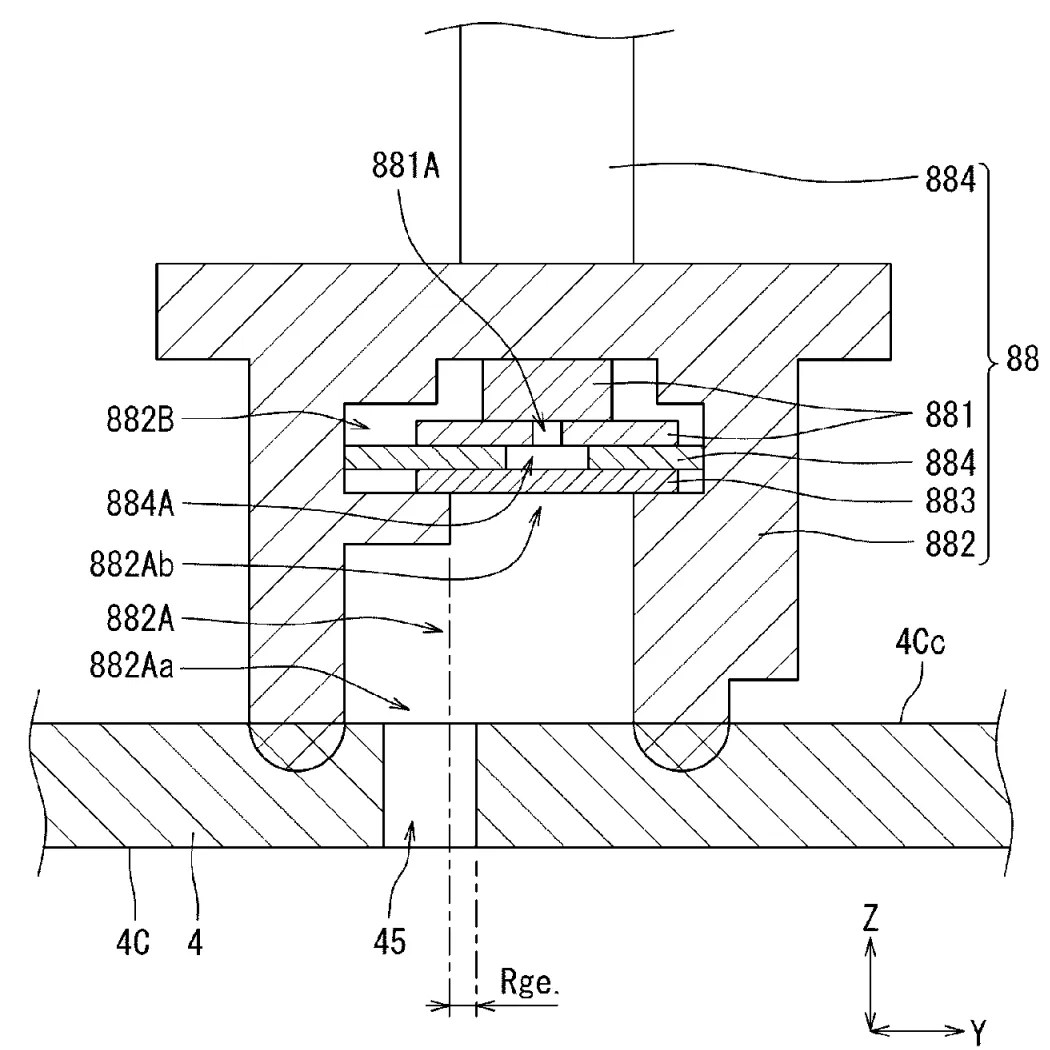 Drawing from patent application US US20260151693: FIG. 8 is an enlarged view of the portion enclosed by the dashed line in FIG. 7. As shown in FIG. 8, the sound collector 88 includes the microphone 881, a sealing rubber 882, a dustproof mesh 883, and an FPC 884.