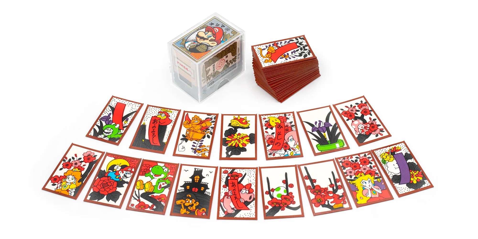 Official product photo of Nintendo hanafuda cards, the “Mario (Red)” set