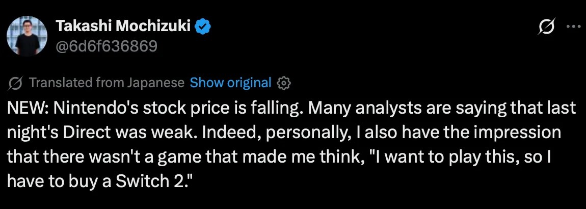 X post by Takashi Mochizuki: https://x.com/6d6f636869/status/2064512573899526628 (machine translation) NEW: Nintendo's stock price is falling. Many analysts are saying that last night's Direct was weak. Indeed, personally, I also have the impression that there wasn't a game that made me think, "I want to play this, so I have to buy a Switch 2." (original text) NEW: 任天堂の株価が落ちています。昨晩のダイレクトが弱かったとのアナリストの声が多数。確かに、個人的にも「これがやりたいからSwitch2買わなきゃ」と思わせてくれるゲームはなかった印象です。