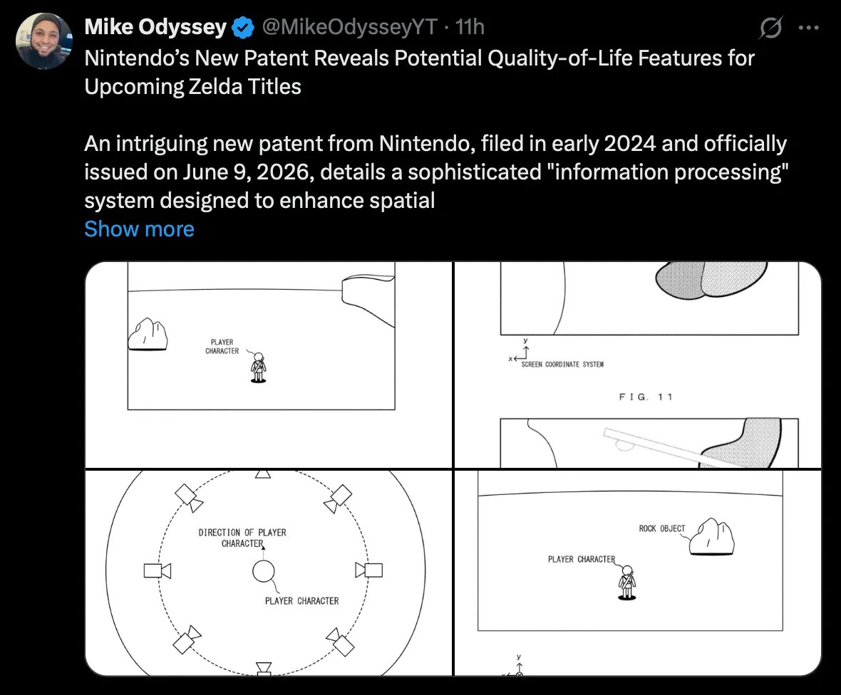 X post by Mike Odyssey: https://x.com/MikeOdysseyYT/status/2066281265989349455 Nintendo’s New Patent Reveals Potential Quality-of-Life Features for Upcoming Zelda Titles An intriguing new patent from Nintendo, filed in early 2024 and officially issued on June 9, 2026, details a sophisticated "information processing" system designed to enhance spatial awareness and navigation in 3D gaming environments. With the recent buzz surrounding the announced Ocarina of Time remake, this filing suggests that players might soon see a modern, intuitive approach to exploration in the classic title. The patent, which features inventors Shigeru Miyamoto and Yuji Kando, describes a system that bridges the gap between a 2D map and 3D gameplay. Under this new mechanic, if a player feels disoriented within a vast virtual space, they can switch to a "second display" map screen. Once there, they can designate a specific point of interest or direction using a cursor. The most innovative part of the process occurs when the player returns to the "first display" or main gameplay screen. Instead of the camera snapping instantly to a new angle, the system triggers an automatic rotation that smoothly shifts the virtual camera over a predetermined period, typically one to two seconds. This gradual transition is specifically designed to help the player maintain their sense of direction and spatial context without becoming lost. The patent outlines two primary ways this technology could be utilized: Automatic Rotation: This allows the player to simply orient the camera toward a landmark or objective, leaving the actual movement to the player. Automatic Movement: By performing a different operation while in the map screen, the player can command their character to automatically travel along a calculated path to the designated cursor point, avoiding obstacles along the way. The included documentation provides a visual breakdown of how this works, showing the movement of the virtual camera, the map s…