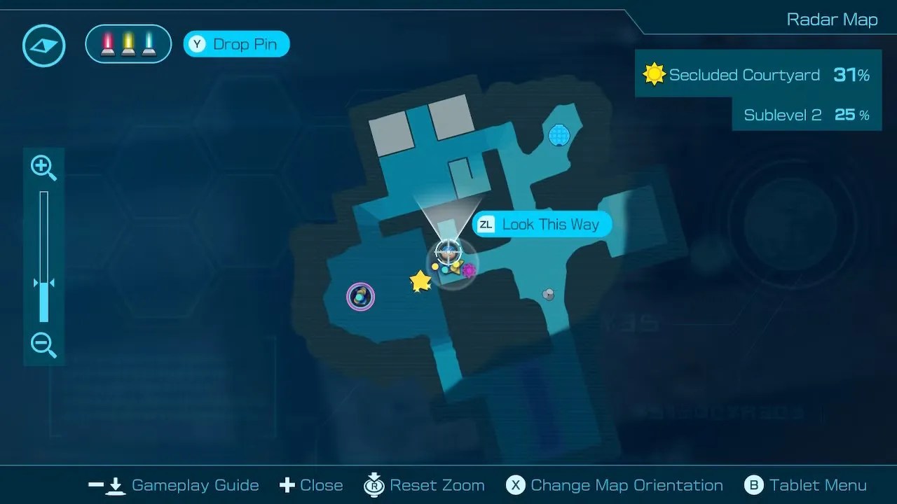 Screenshot of Pikmin 4, showing the Radar Map screen, with the “Look This Way” menu visible