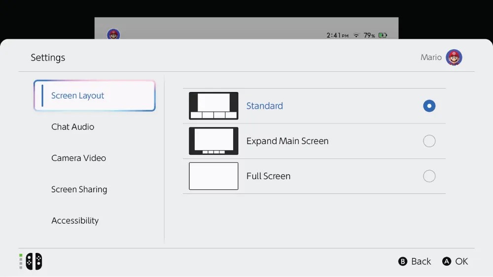 Screenshot of GameChat settings screen: Screen Layout » Standard Expand Main Screen Full Screen