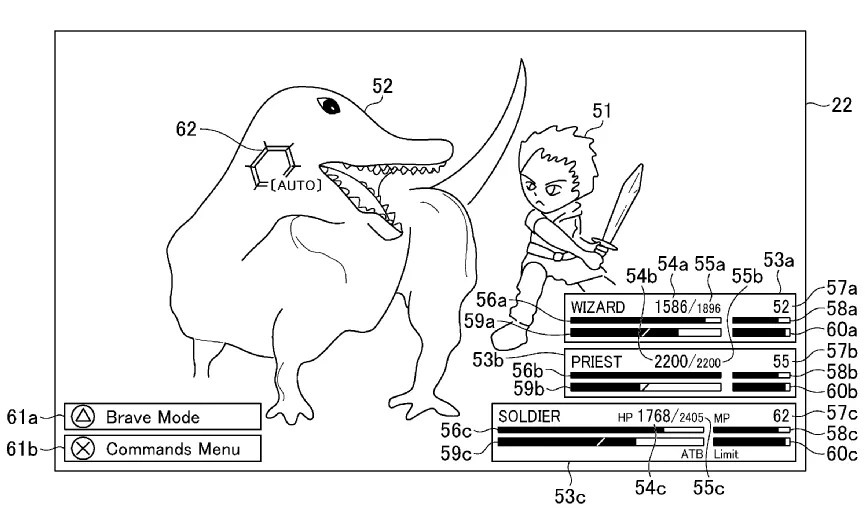 US20210268377 - Computer-readable recording medium, game apparatus, and game execution method https://patentscope.wipo.int/search/en/detail.jsf?docId=US335021777 Application Number 17185176 Application Date 25.02.2021 Publication Number 20210268377 Publication Date 02.09.2021 Grant Number 11452937 Grant Date 27.09.2022 Applicants SQUARE ENIX CO., LTD.