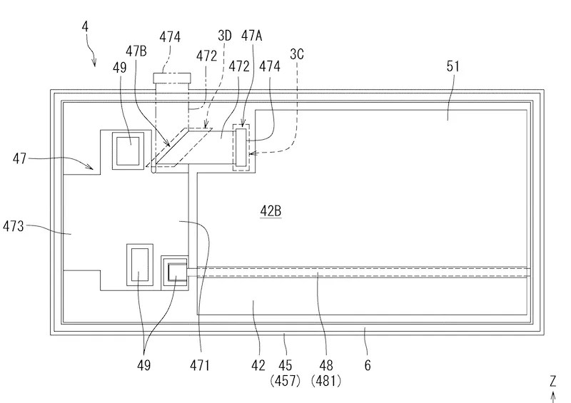 Drawing from patent EP 4764680: Fig. 4 is a schematic bottom view of the display, the thermal conductor, and the double-sided tape piece when viewed from a position facing a housing.
