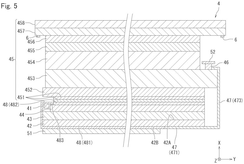 Drawing from patent EP 4764680: Fig. 5 is a cross-sectional view. The display 4 includes a light source 41, a backplate 42, a reflective plate 43, a light guide plate 44, a liquid crystal panel 45, a driver component 46, the first wiring board 47, the second wiring board 48, and electronic components 49.