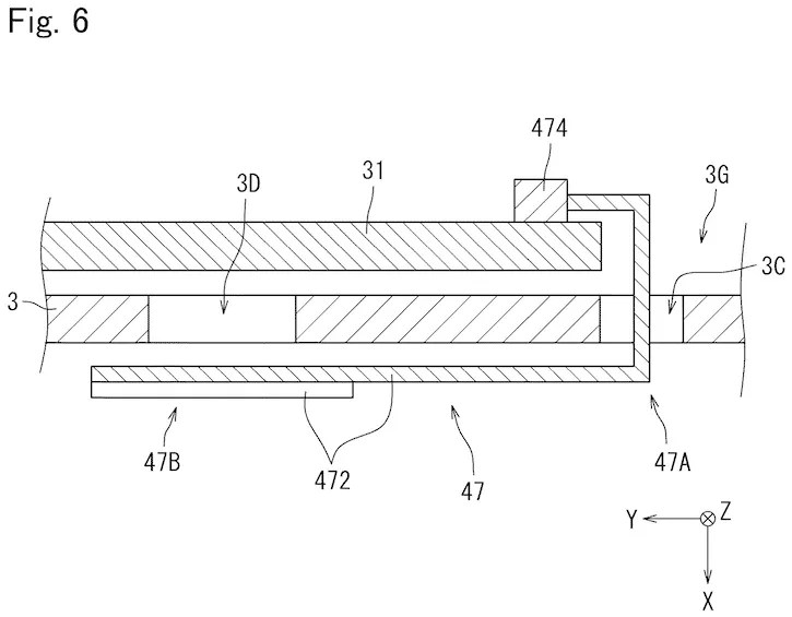 Drawing from patent EP 4764680: Fig. 6 is a schematic cross-sectional view of the housing, a substrate, and a first wiring board taken along an XY cross section at a first opening and a second opening.