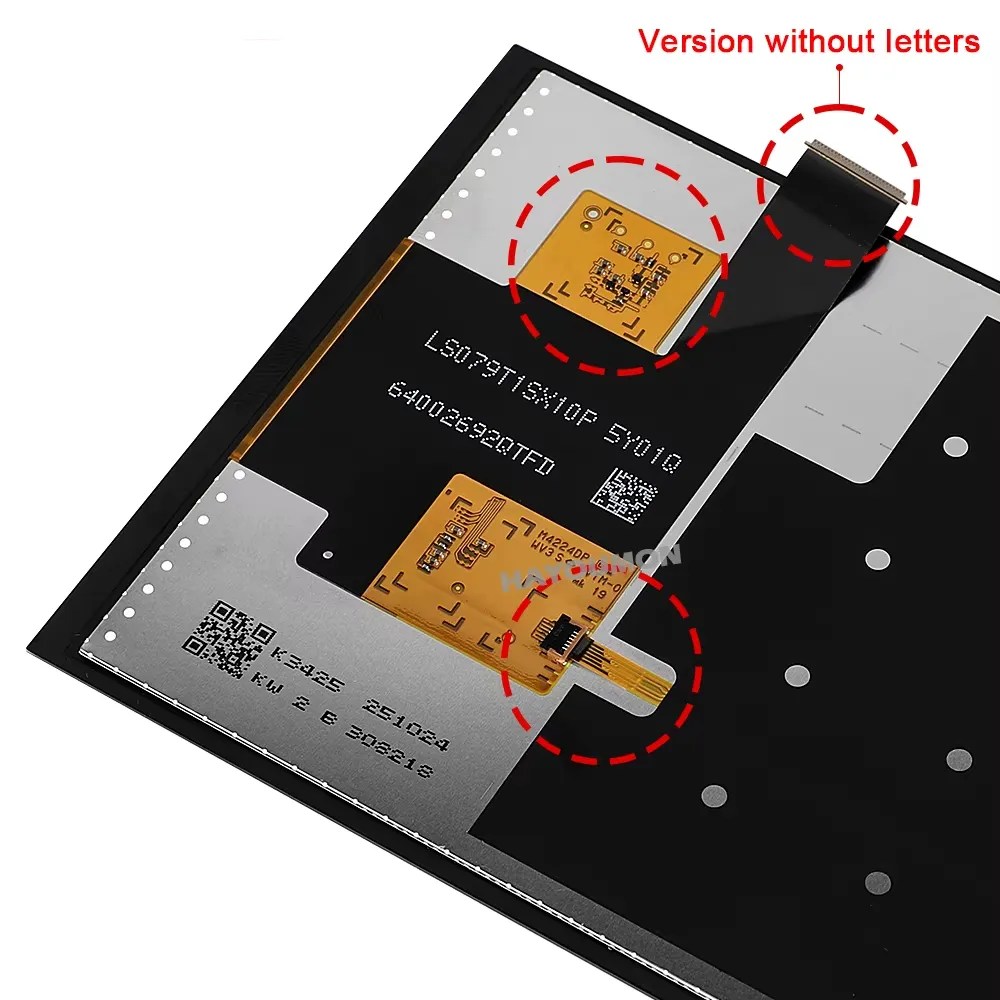 Photo of the new LCD panel LS079T1SX10P, close up view of the circuit, connector, and cables Image source redacted