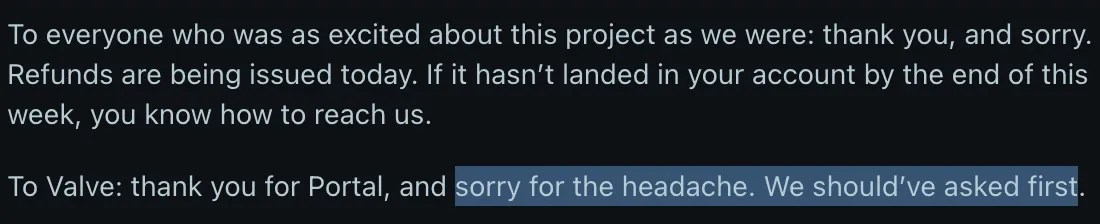 Excerpt from Dbrand’s social media announcement: To Valve: thank you for Portal, and sorry for the headache. We should’ve asked first. https://www.reddit.com/r/dbrand/comments/1uivg8m/rip_companion_cube/