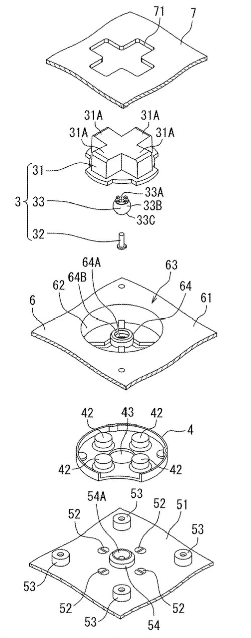 Drawing from patent US 20260192187: FIG. 3 is an exploded perspective view of a keytop and its surrounding portions included in the controller