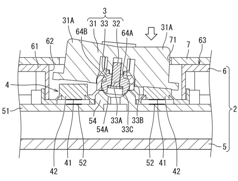 Drawing from patent US 20260192187: FIG. 4 is a partially enlarged cross-sectional view of the controller in FIG. 1 with the keytop pivoting