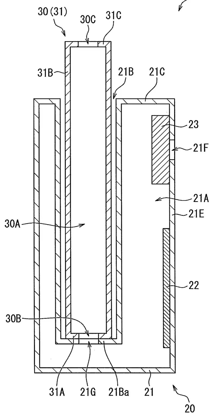 Drawing from patent application CN 122371385: 如图2所示， 供电装置20具备基板22和风扇23。 基板22和风扇23设置于壳体21的内部空间21A。 在基板22安装有控制部24及内部存储介质等各种电子部件。 风扇23使空气在壳体21的内部空间21A与壳体21的外部之间流通。