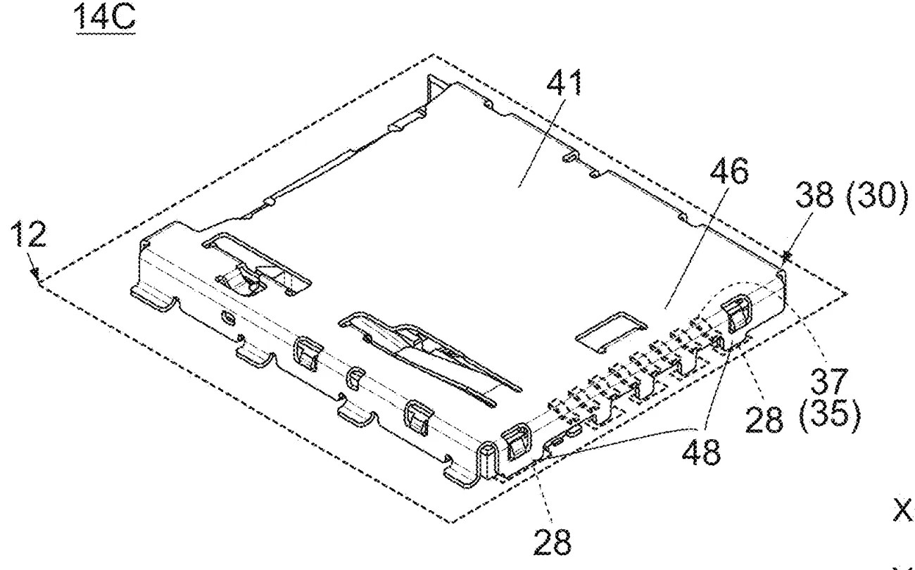 Drawing from patent application US 20260214857: FIG. 14 is a perspective view showing a third modification of the connector device, wherein a part of an outline of the board and positions of surface mount portions of hidden signal terminals are illustrated with dashed line. https://image-ppubs.uspto.gov/dirsearch-public/print/downloadPdf/20260214857