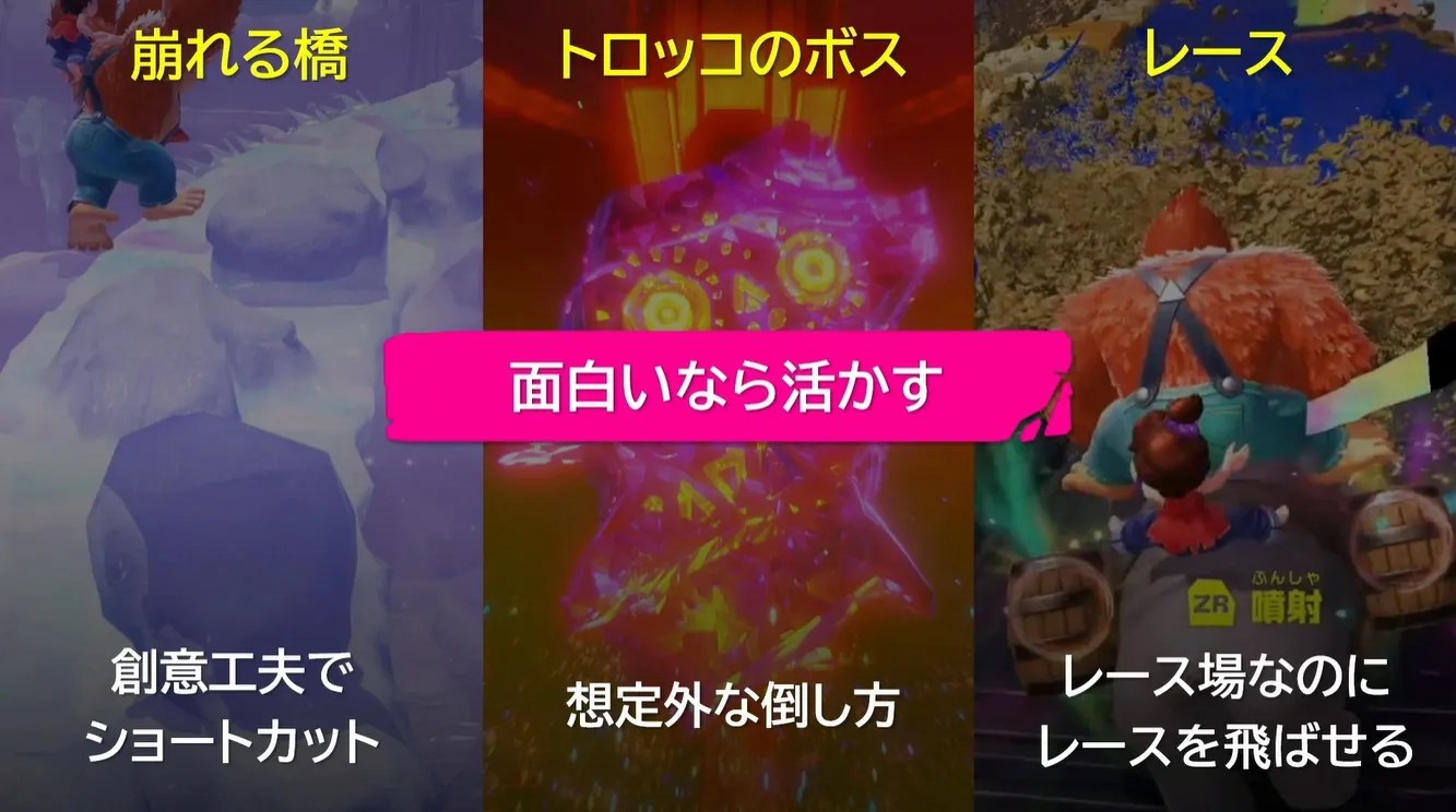[Presentation slide] 崩れる橋 --> 創意工夫でショートカット トロッコのボス --> 想定外な倒し方 レース --> レース場なのにレースを飛ばせる 面白いなら活かす