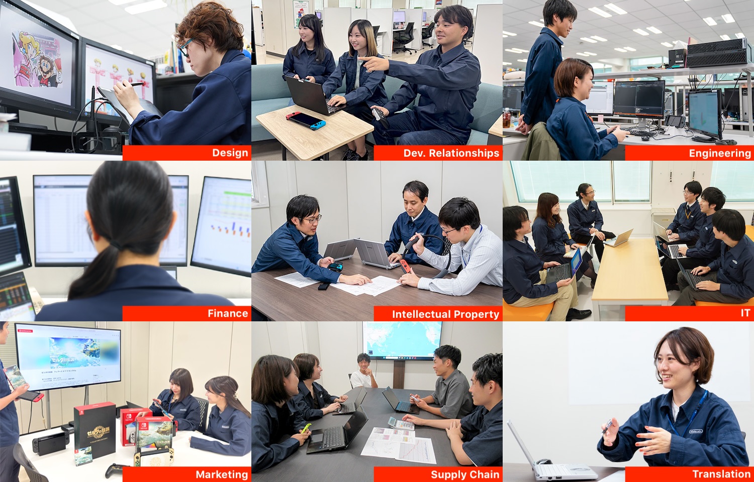 Compilation of 9 photos of Nintendo (Japan) employees of different departments dressed in workwear