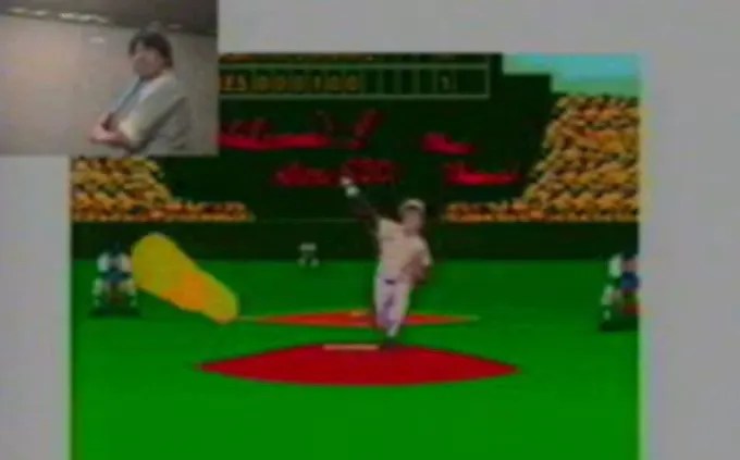 A composite image of: 1. Screenshot of a baseball game being developed by Casio then 2. Photo of a man holding baseball bat, presumably controlling the game