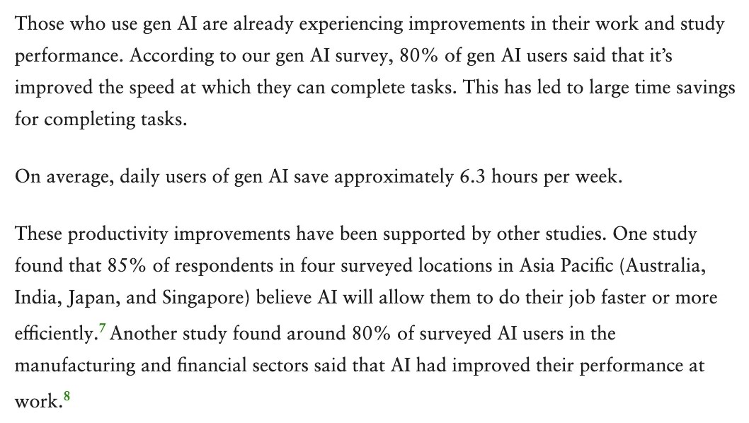 Excerpt from Generative AI in Asia Pacific: Young employees lead as employers play catch-up: https://www.deloitte.com/us/en/insights/topics/emerging-technologies/generative-ai-adoption-asia-pacific-region.html Those who use gen AI are already experiencing improvements in their work and study performance. According to our gen AI survey, 80% of gen AI users said that it’s improved the speed at which they can complete tasks. This has led to large time savings for completing tasks. On average, daily users of gen AI save approximately 6.3 hours per week. These productivity improvements have been supported by other studies. One study found that 85% of respondents in four surveyed locations in Asia Pacific (Australia, India, Japan, and Singapore) believe AI will allow them to do their job faster or more efficiently.7 Another study found around 80% of surveyed AI users in the manufacturing and financial sectors said that AI had improved their performance at work.