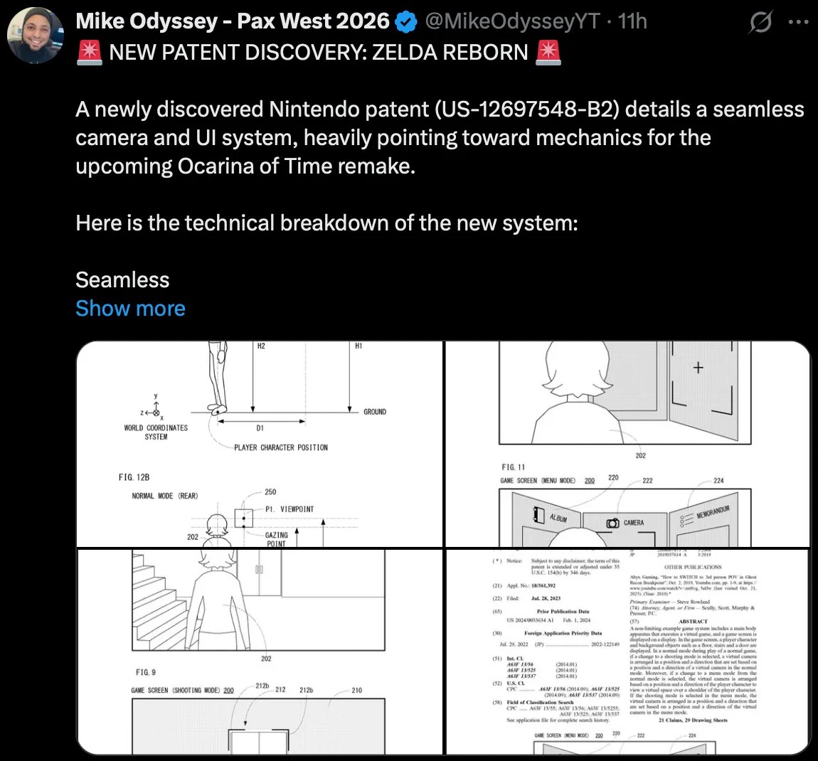 X post by Mike Odyssey: NEW PATENT DISCOVERY: ZELDA REBORN A newly discovered Nintendo patent (US-12697548-B2) details a seamless camera and UI system, heavily pointing toward mechanics for the upcoming Ocarina of Time remake. Here is the technical breakdown of the new system: Seamless Transitions: The camera fluidly shifts between standard third-person gameplay, an over-the-shoulder menu UI, and a first-person photography mode without breaking immersion. Immersive In-World Menus: Menu icons (like the Camera or Album) project directly into the 3D space. The UI is translucent, keeping the active environment fully visible in the background while navigating options. Dynamic First-Person Photography: Entering Shooting Mode hides the character model and pushes the perspective forward based on the current line of sight. Moving the camera in this mode also moves the character's physical coordinates, preserving spatial awareness and location after exiting the viewfinder.