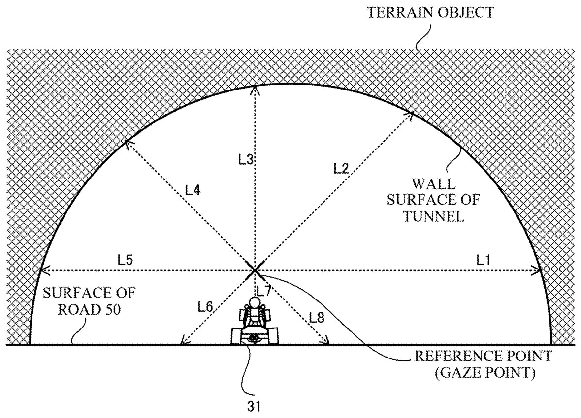 Drawing from patent application US20260237150: FIG. 8 is a diagram showing a non-limiting example of ray casting that is performed in a predetermined direction from a gaze point in a virtual space