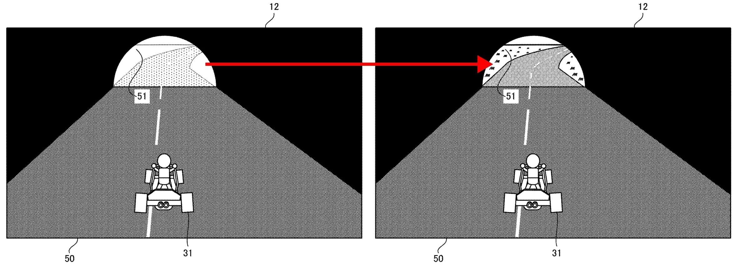 Comparison of two drawings from patent application US 20260237150: [Before correction] FIG. 6 is a diagram showing a non-limiting example of a game image displayed during a racing game [After correction] FIG. 12 is a diagram showing a non-limiting example of luminance correction performed on dark-place pixels based on a first luminance correction value EVa, and luminance correction performed on light-place pixels based on the second luminance correction value EVb, for the game image of FIG. 6
