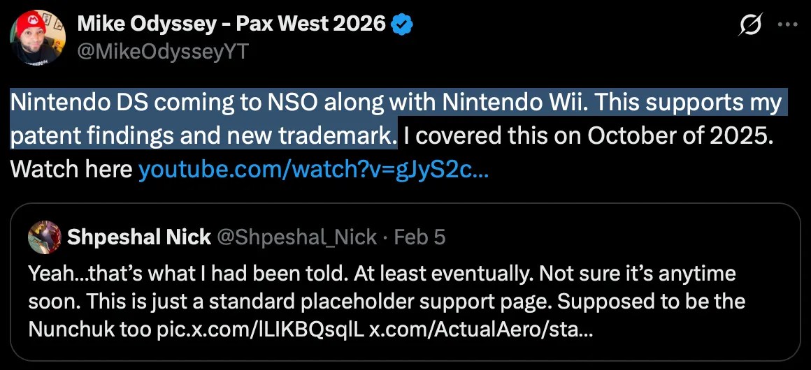 X post by Mike Odyssey: Nintendo DS coming to NSO along with Nintendo Wii. This supports my patent findings and new trademark. I covered this on October of 2025.