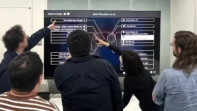 Photo of Nintendo employees pointing at a large TV that shows a controller mapping screen