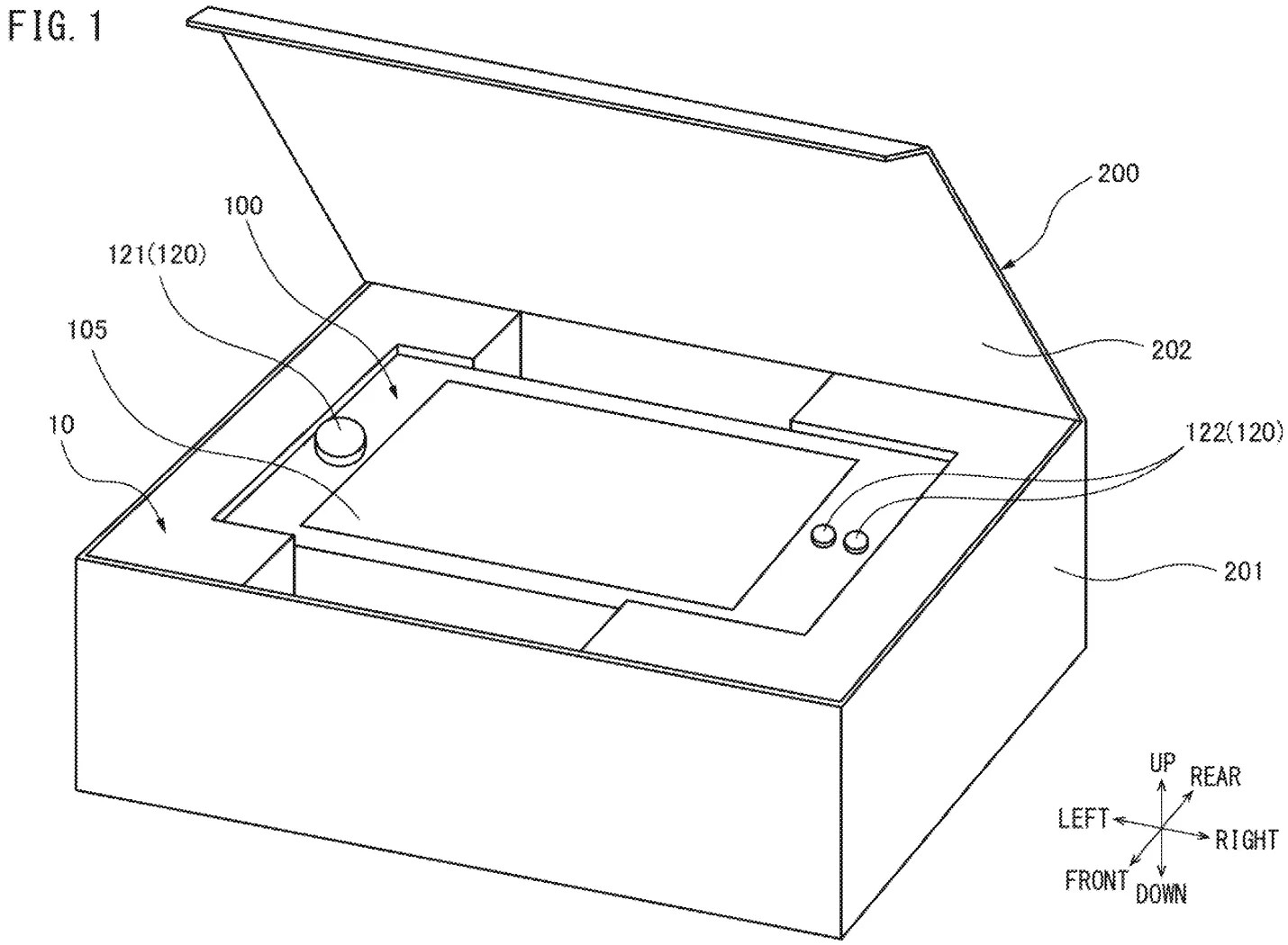 Drawing from patent application US20260250059: FIG. 1 is a perspective view schematically showing a game device packaged inside a packaging box.