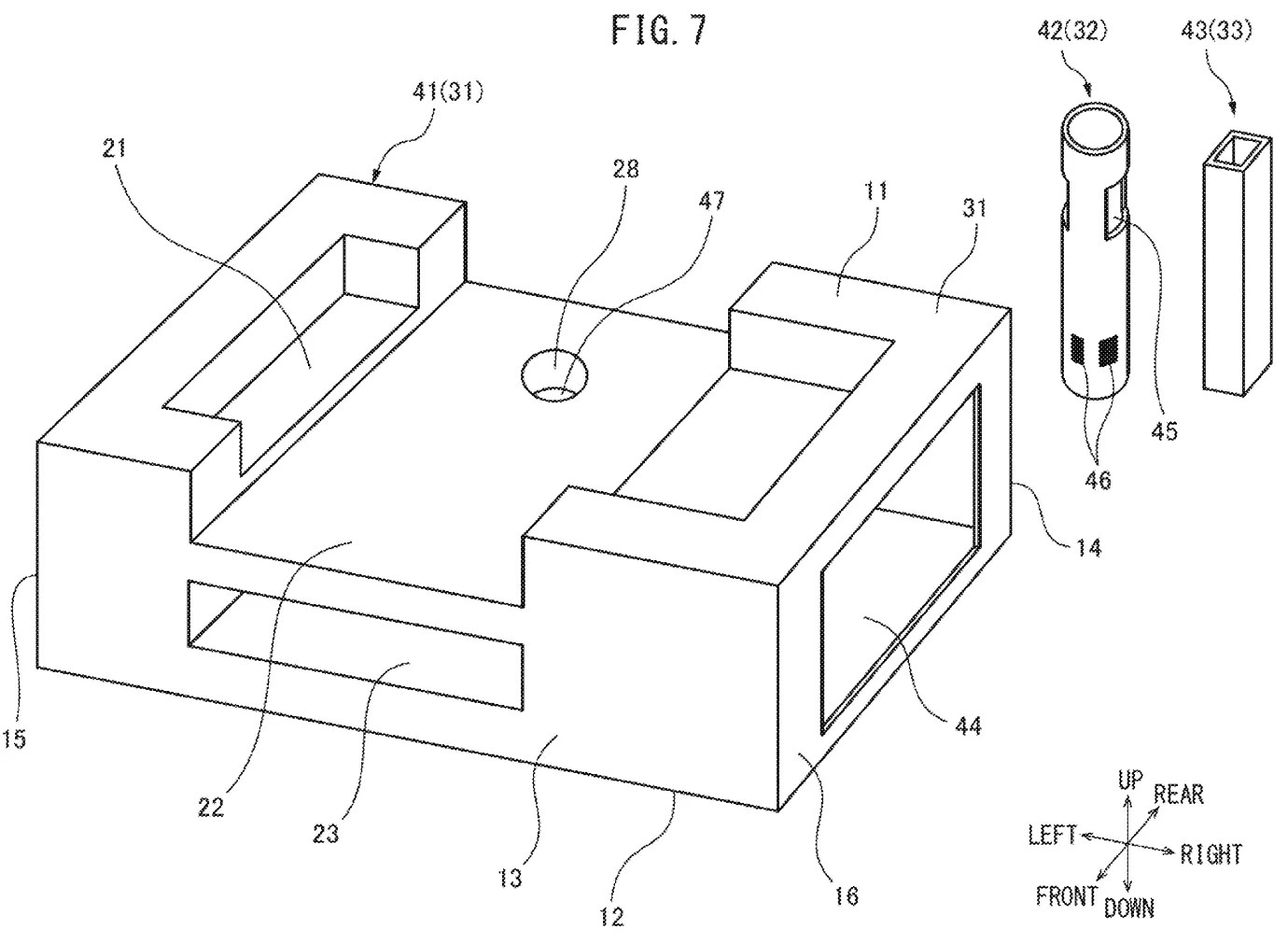 Drawing from patent application US20260250059: FIG. 7 is a perspective view schematically showing a body part, a detection target part, and an operation part, which are formed from the protective member.