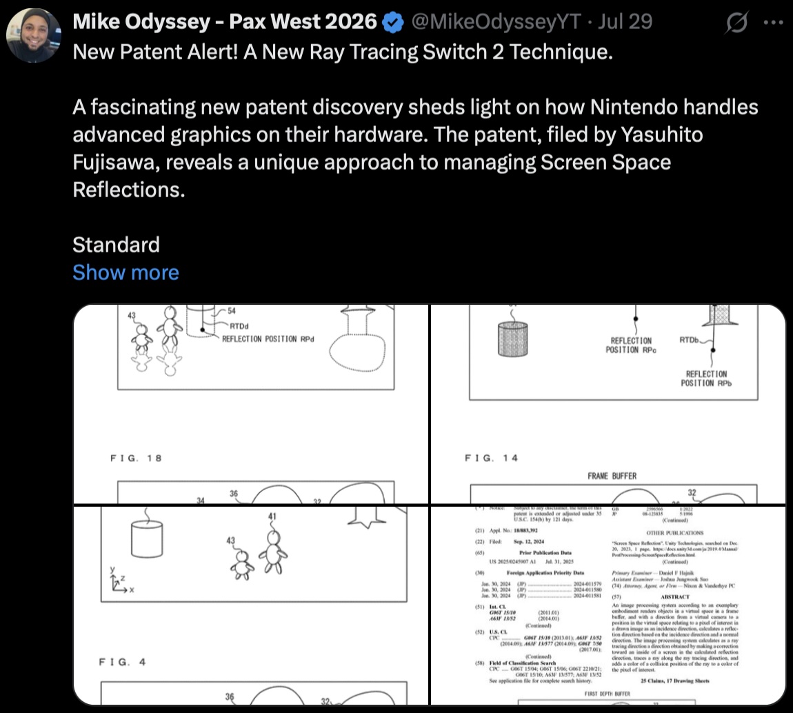X post by Mike Odyssey: NEW PATENT DISCOVERY: ZELDA REBORN A newly discovered Nintendo patent (US-12697548-B2) details a seamless camera and UI system, heavily pointing toward mechanics for the upcoming Ocarina of Time remake. Here is the technical breakdown of the new system: Seamless Transitions: The camera fluidly shifts between standard third-person gameplay, an over-the-shoulder menu UI, and a first-person photography mode without breaking immersion. Immersive In-World Menus: Menu icons (like the Camera or Album) project directly into the 3D space. The UI is translucent, keeping the active environment fully visible in the background while navigating options. Dynamic First-Person Photography: Entering Shooting Mode hides the character model and pushes the perspective forward based on the current line of sight. Moving the camera in this mode also moves the character's physical coordinates, preserving spatial awareness and location after exiting the viewfinder.