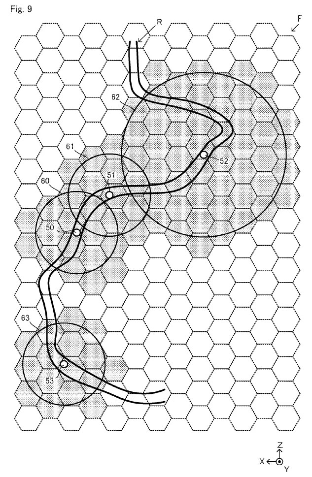 Drawing from patent application US 20260249188: FIG. 9 is an example non-limiting diagram of a part of the field including a route R where the player object 50 is running when viewed from above in the virtual space and is an example non-limiting diagram showing examples of regions where rain falls