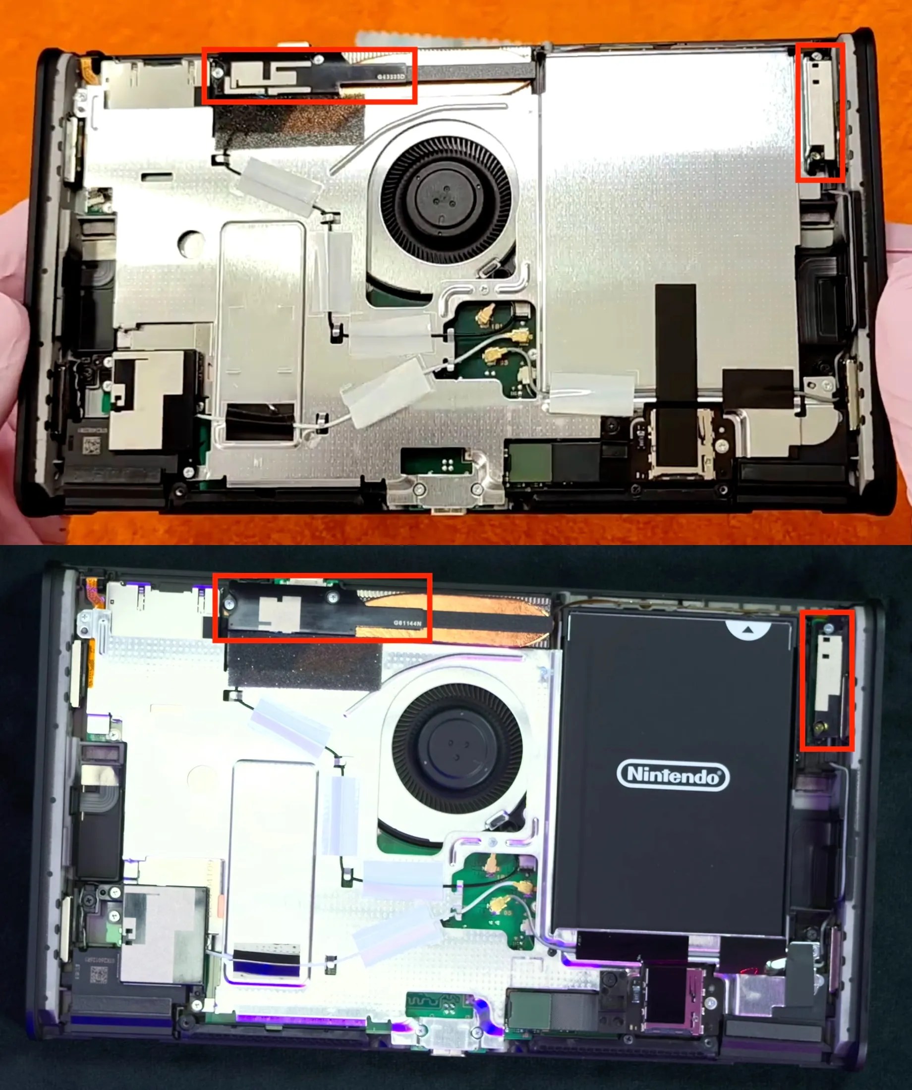 Photo comparison of original Switch 2 (top) and OSM Switch 2 (bottom), with the two changed antennas highlighted Image sources: https://www.youtube.com/watch?v=i7fbUVcKX8g https://www.youtube.com/watch?v=jpYIpMugzFQ