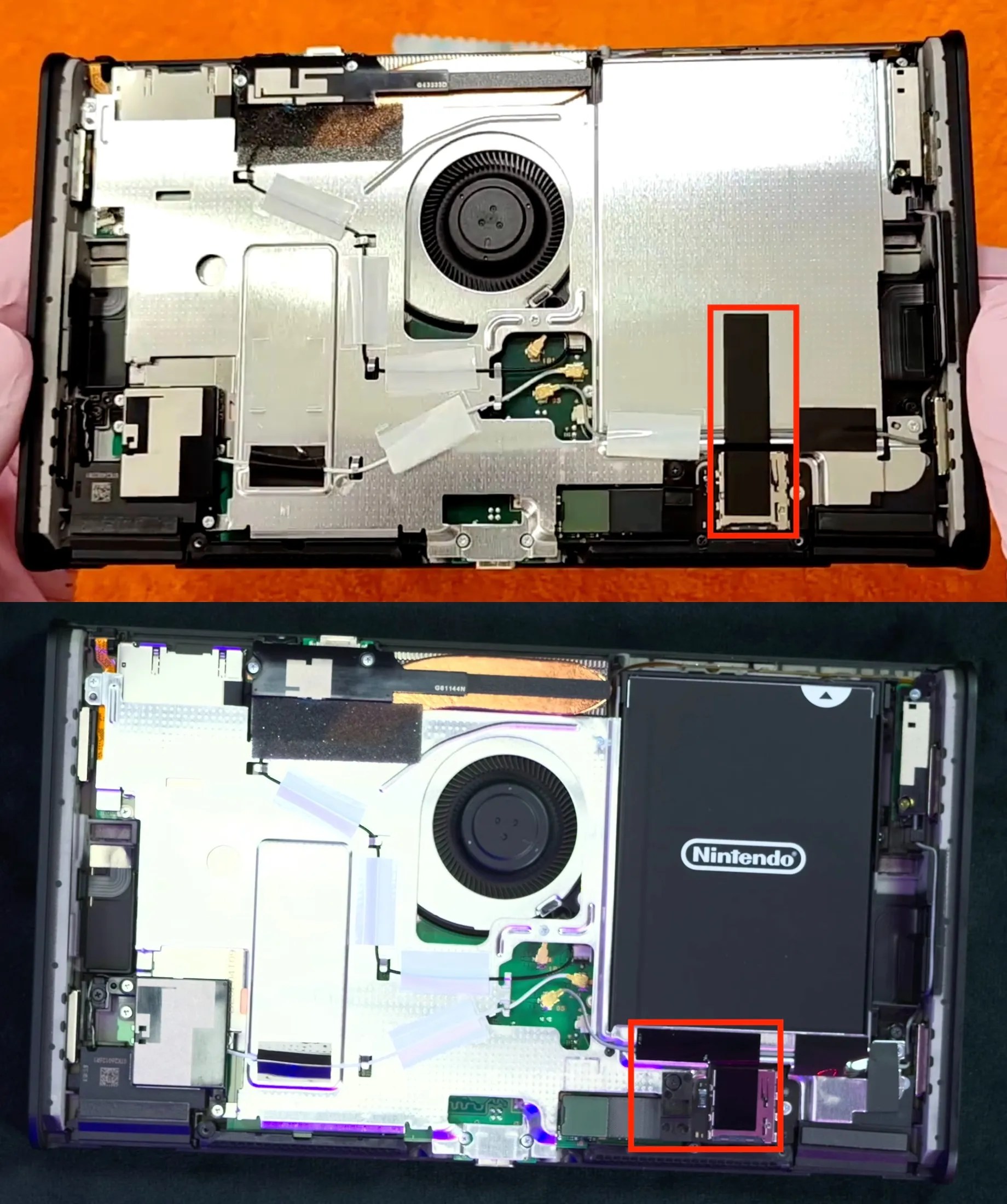 Photo comparison of original Switch 2 (top) and OSM Switch 2 (bottom), with the changed thermal tape highlighted Image sources: https://www.youtube.com/watch?v=i7fbUVcKX8g https://www.youtube.com/watch?v=jpYIpMugzFQ