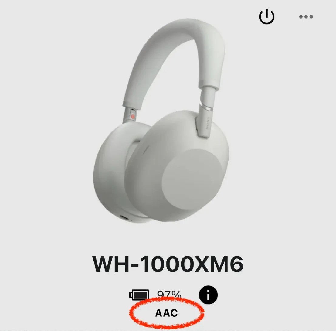 Screenshot of Sony Sound Connect mobile app, showing a WH-1000XM6 is connected using AAC codec