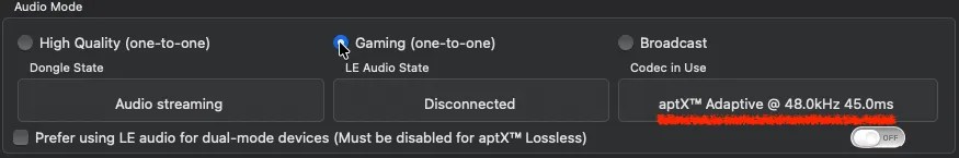 Screenshot of FlooGoo FlooCast application, showing system latency of 45.0ms for an aptX Adaptive connection