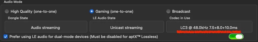 Screenshot of FlooGoo FlooCast application, showing system latency of 22.5ms for an LC3 connection