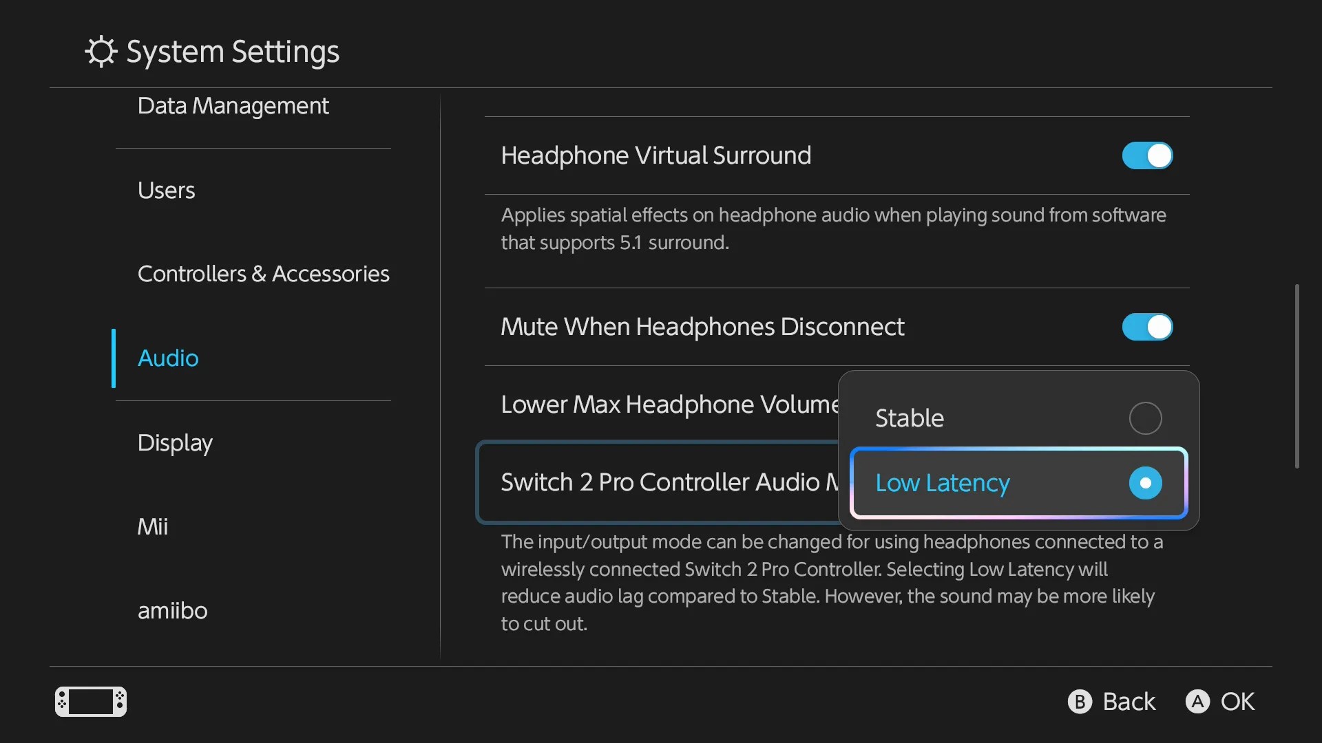 Screenshot of Switch 2 System Settings, showing two Pro Controller Audio options: Stable and Low Latency