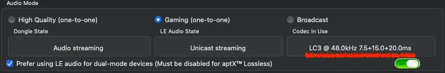 Screenshot of FlooGoo FlooCast application, showing system latency of 42.5ms for an LC3 connection