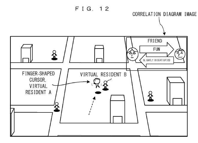 Drawing from patent application US 20260263937: FIG. 12 shows a non-limiting example of the game screen according to the exemplary embodiment