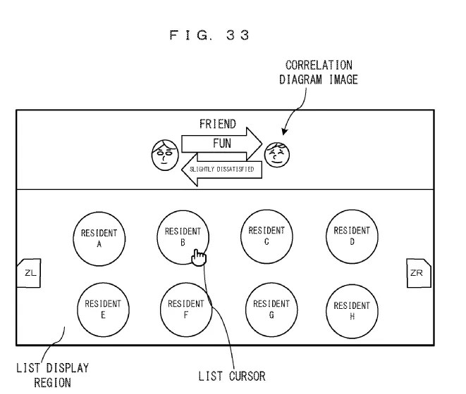 Drawing from patent application US 20260263937: FIG. 33 shows a non-limiting example of the game screen according to the exemplary embodiment