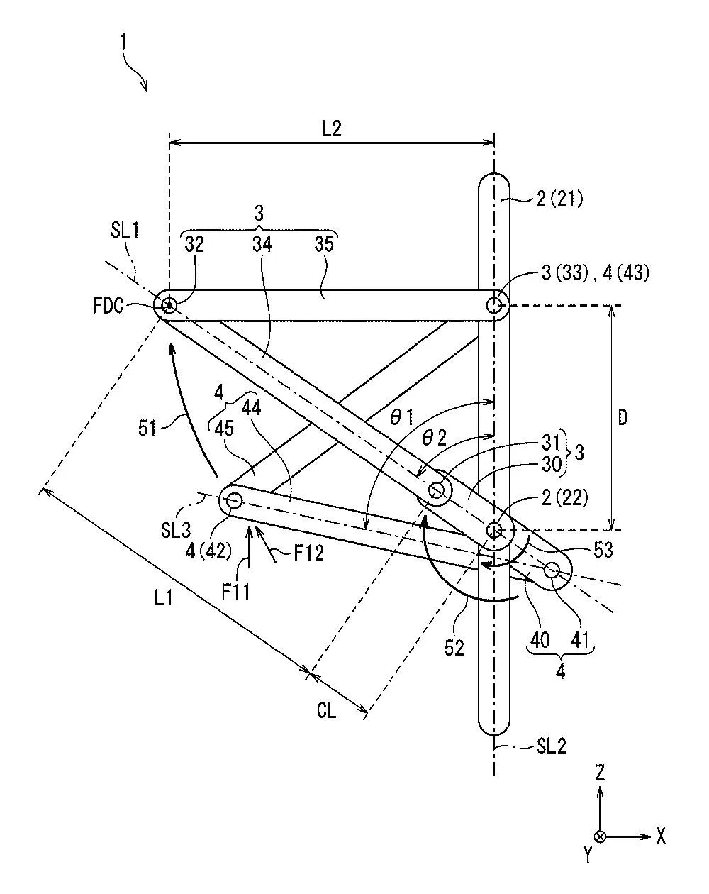 Drawing from patent JP 7920477: 【図1】本開示の一実施形態に係るクランク機構において第1機構の第2接続点が遠死点に位置する状態を模式的に示す側面図である。