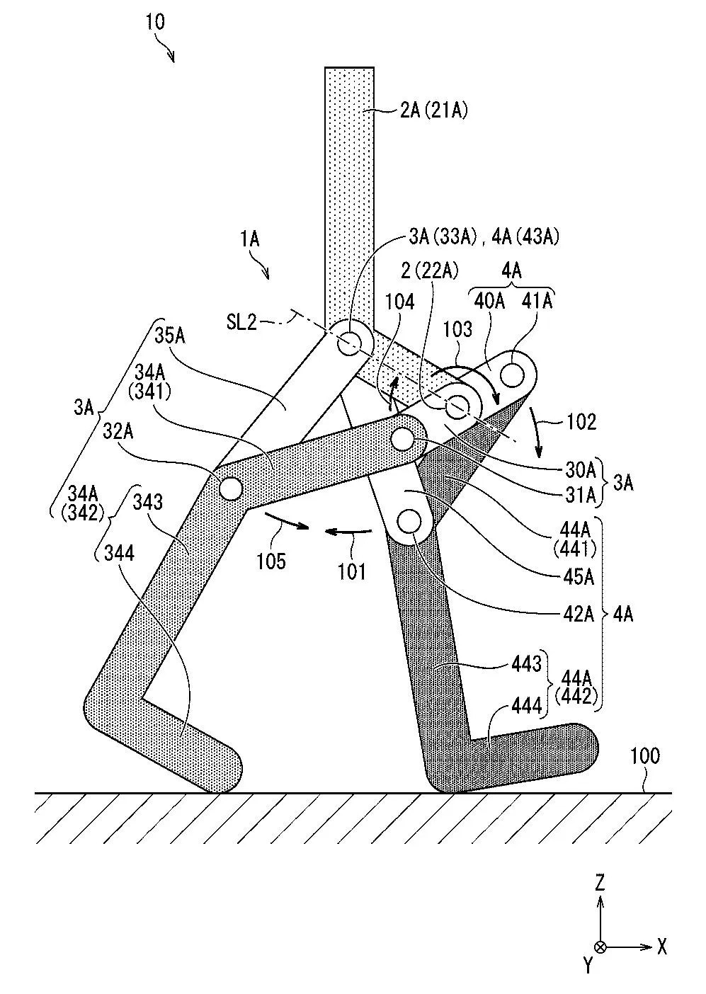 Drawing from patent JP 7920477: 【図12】本開示の一実施形態に係る歩行機構を模式的に示す側面図である。