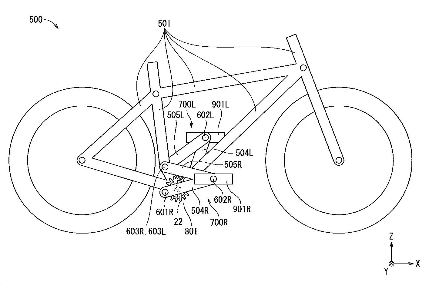Drawing from patent JP 7920477: 【図21】本開示の一実施形態に係る自転車を模式的に示す側面図である。