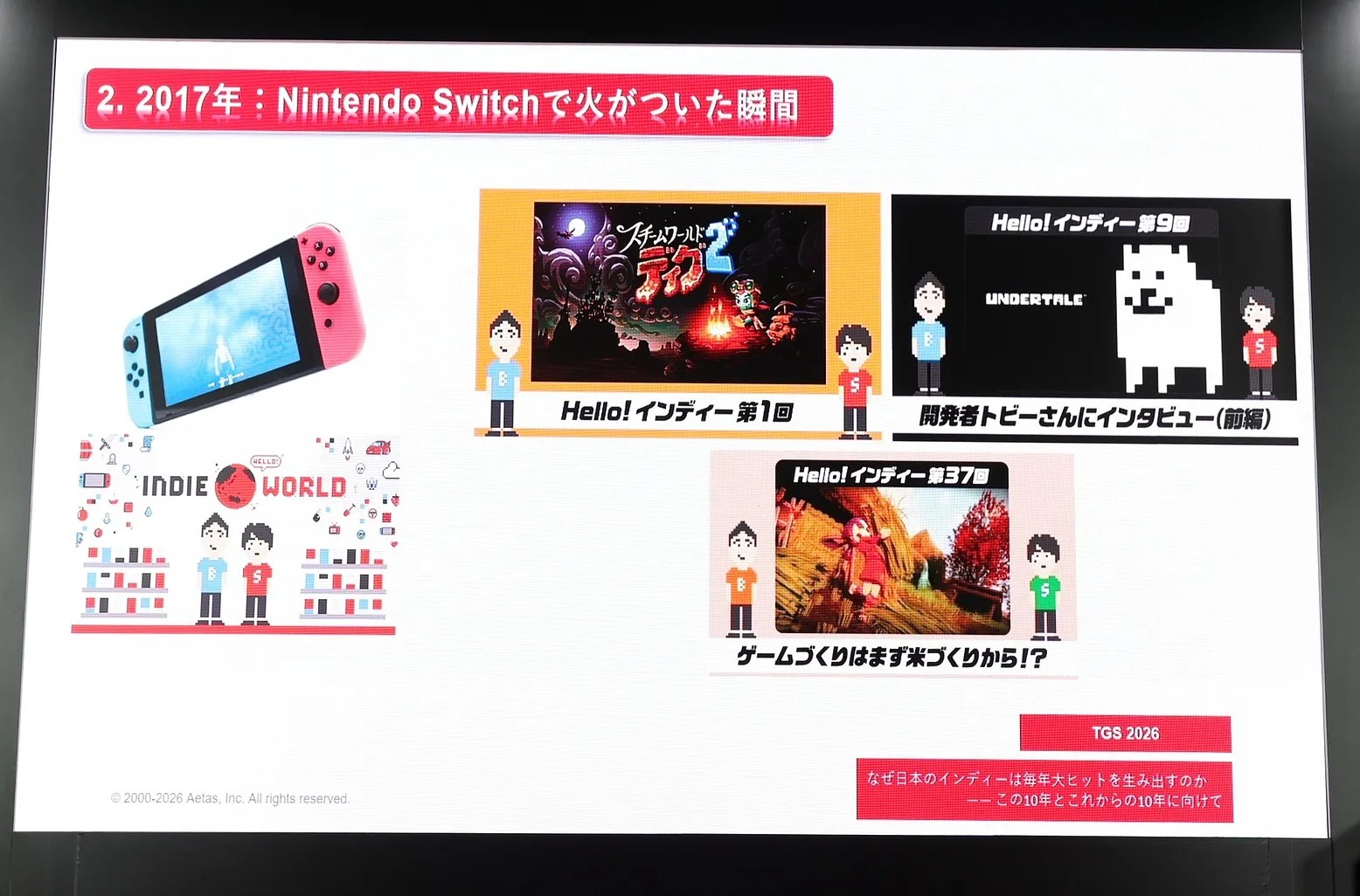 Presentation slide from the TGS 2026 talk なぜ日本のインディーは毎年大ヒットを生み出すのか: 2017年:Nintendo Switchで火がついた瞬間 (photo of Switch and screenshots of Indie World streams)