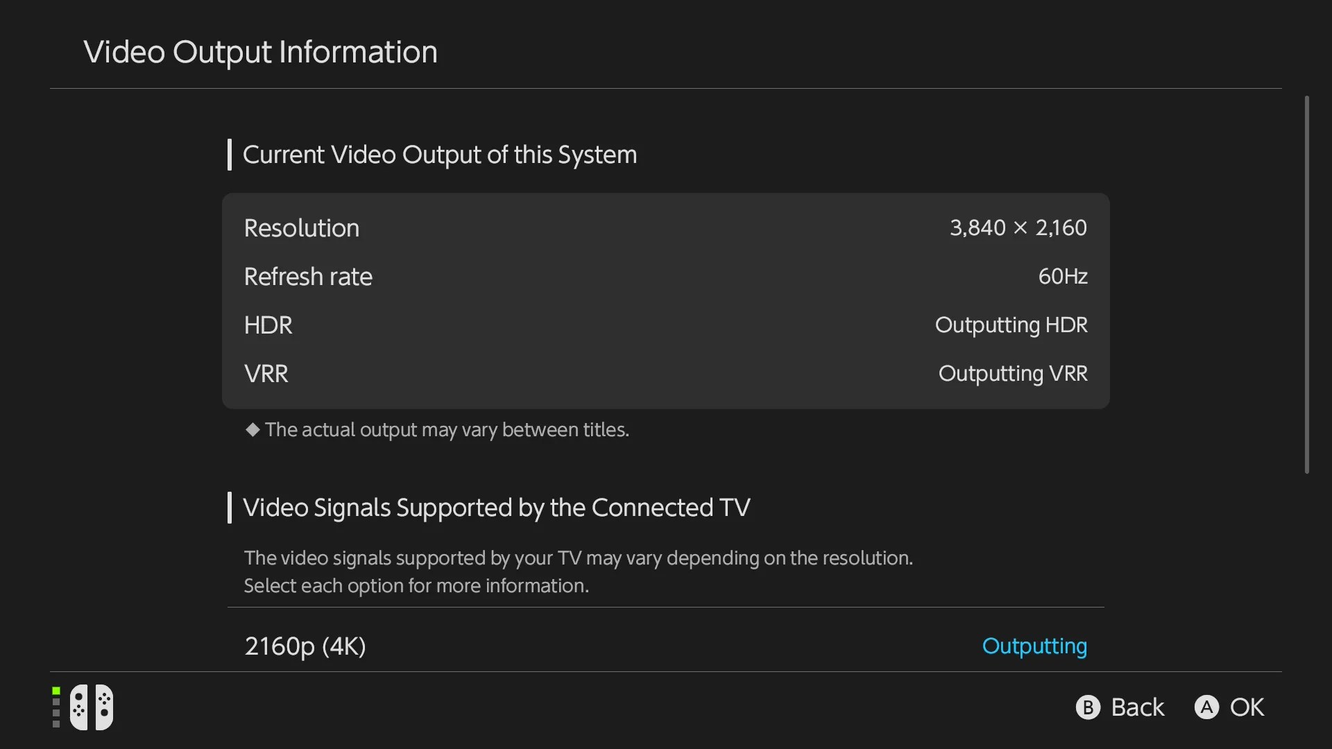 Screenshot of Switch 2 System Settings » Display » Video Output Information » Current Video Output of this System Resolution 3840 x 2160 Refresh rate 60Hz HDR Outputting HDR VRR Outputting VRR