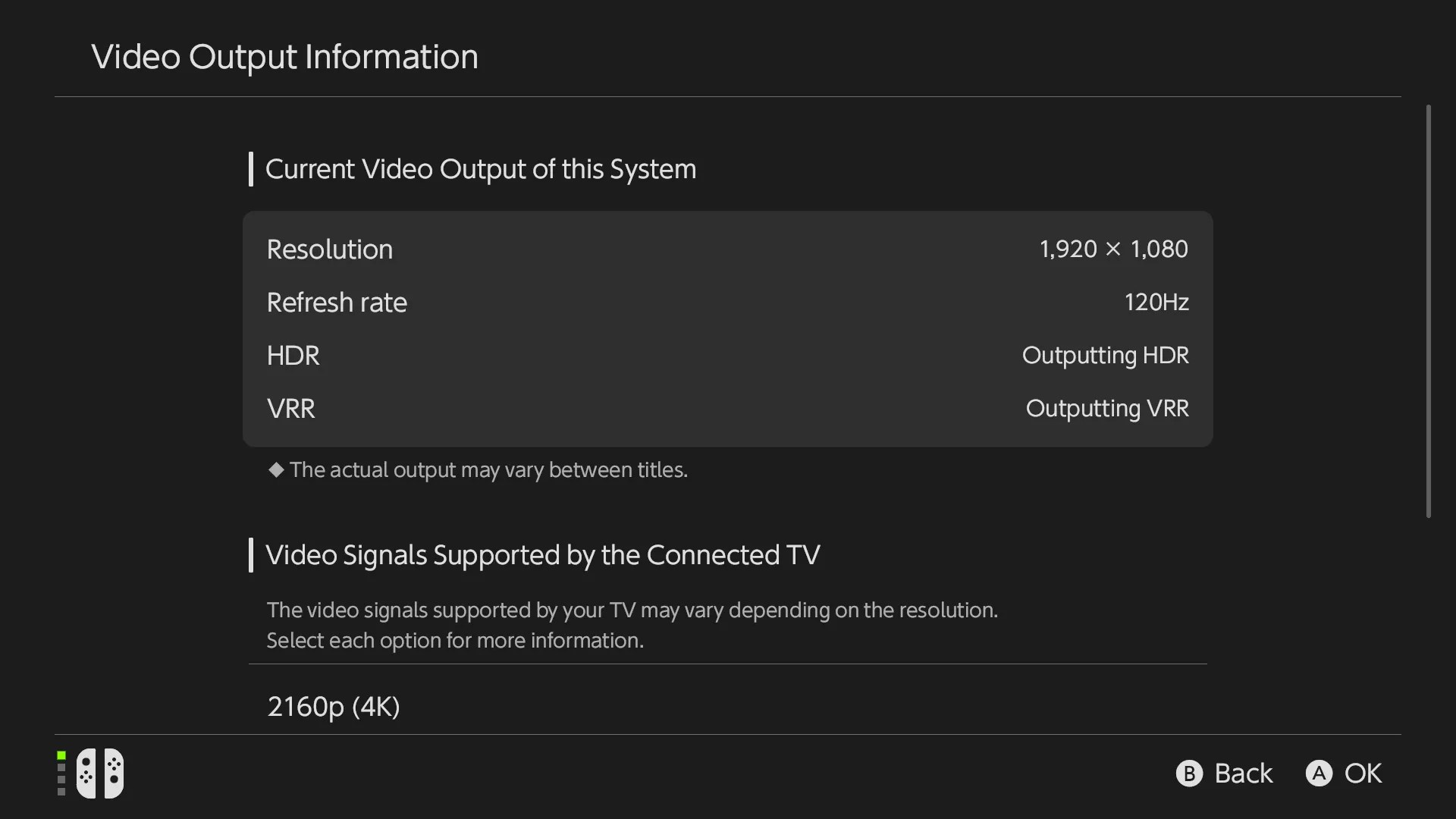 Screenshot of Switch 2 System Settings » Display » Video Output Information » Current Video Output of this System Resolution 1920 x 1080 Refresh rate 120Hz HDR Outputting HDR VRR Outputting VRR