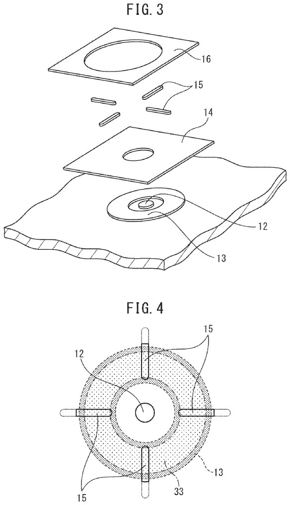 Drawings from patent publication US20260290719: FIG. 3 is an exploded perspective view of part of a substrate. FIG. 4 is a plan view of the substrate.