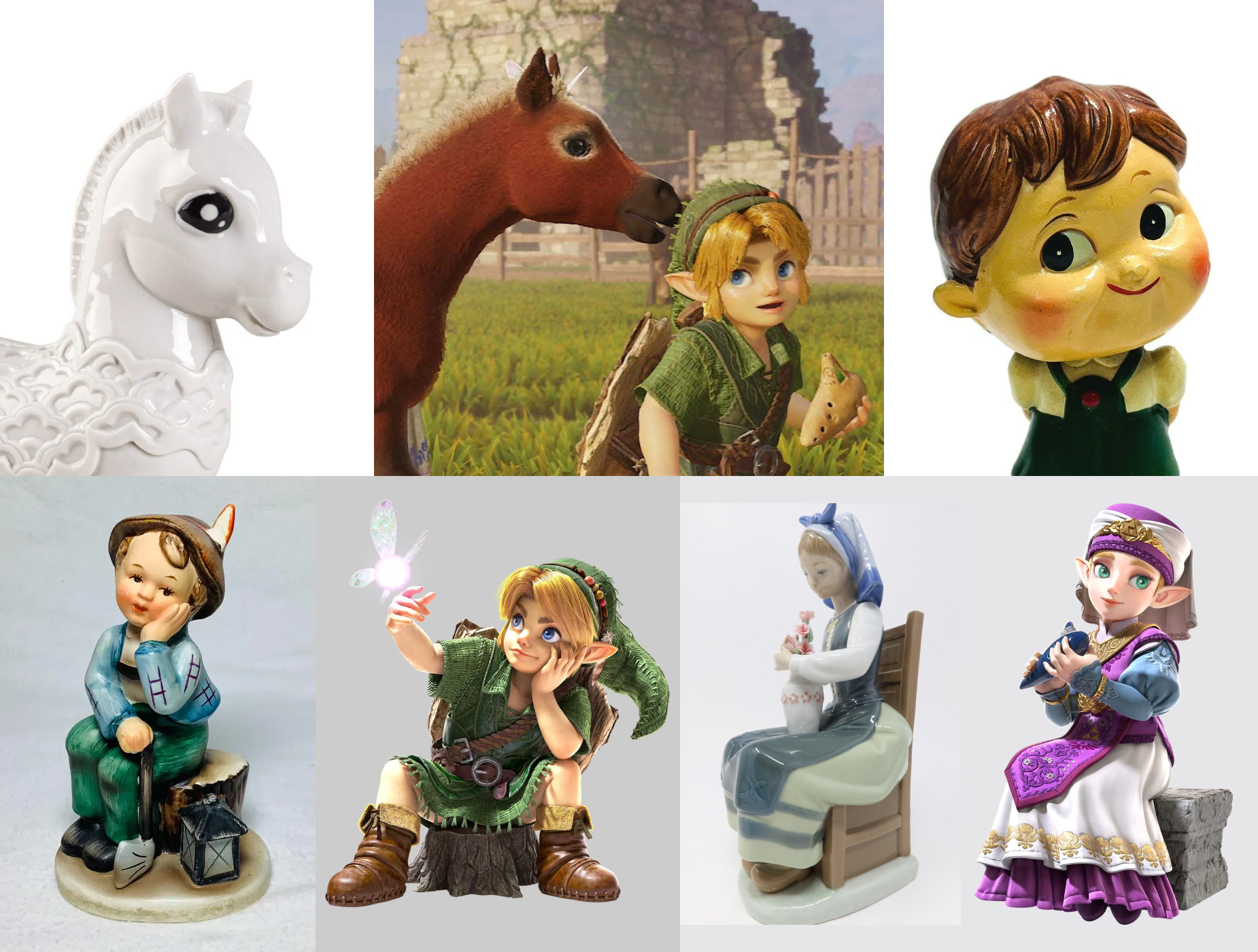 Side-by-side comparison of characters in Ocarina of Time remake to ceramic figurines:
In-game child Link vs. smiling child figurine
https://item.rakuten.co.jp/reference/e-260728-13/
In-game pony Epona vs. large-eyed pony figurine
https://www.lladro.com/en_us/baby-horse-figurine-en-us-01009029.html
Link Amiibo vs. sitting boy figurine
https://www.etsy.com/listing/4400642614/vintage-boy-figurine-signed-tired-ah1k
Zelda Amiibo vs sitting girl figurine
https://www.etsy.com/listing/1394819363/lladro-flower-harmony-children-with